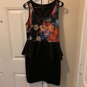 Black and floral print peplum dress